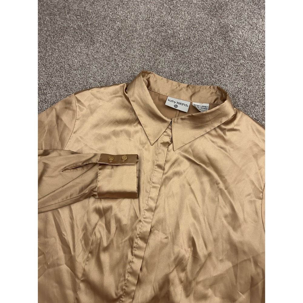 Kathy Ireland Blouse Womens XL Gold Excellent Satin Long Sleeve Button Down Top - Picture 2 of 14
